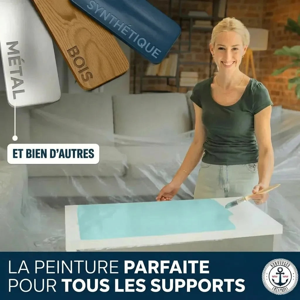Femme peignant; la publicité vante une peinture polyvalente pour métal, bois, plastique et autres surfaces.