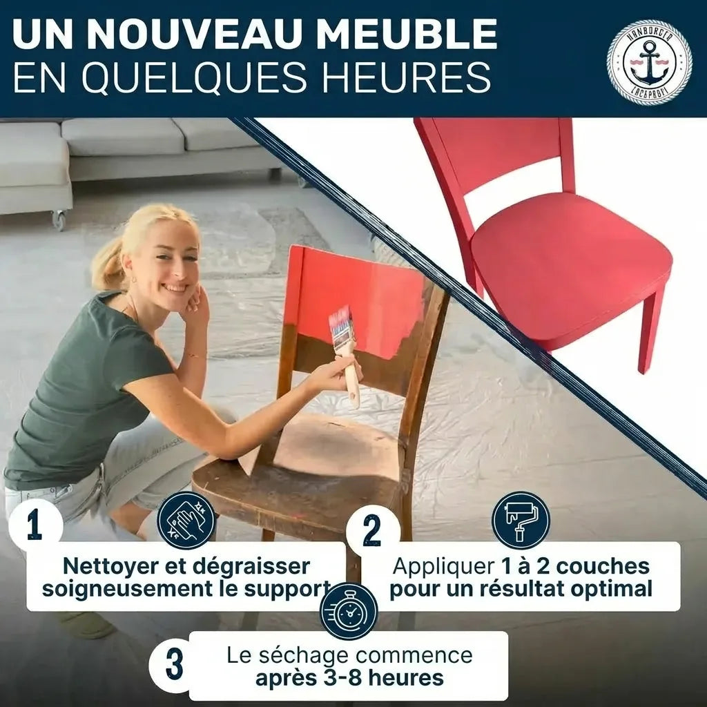 Une femme peint une chaise. Une chaise rouge finie. Instructions pour relooker un meuble en quelques heures.