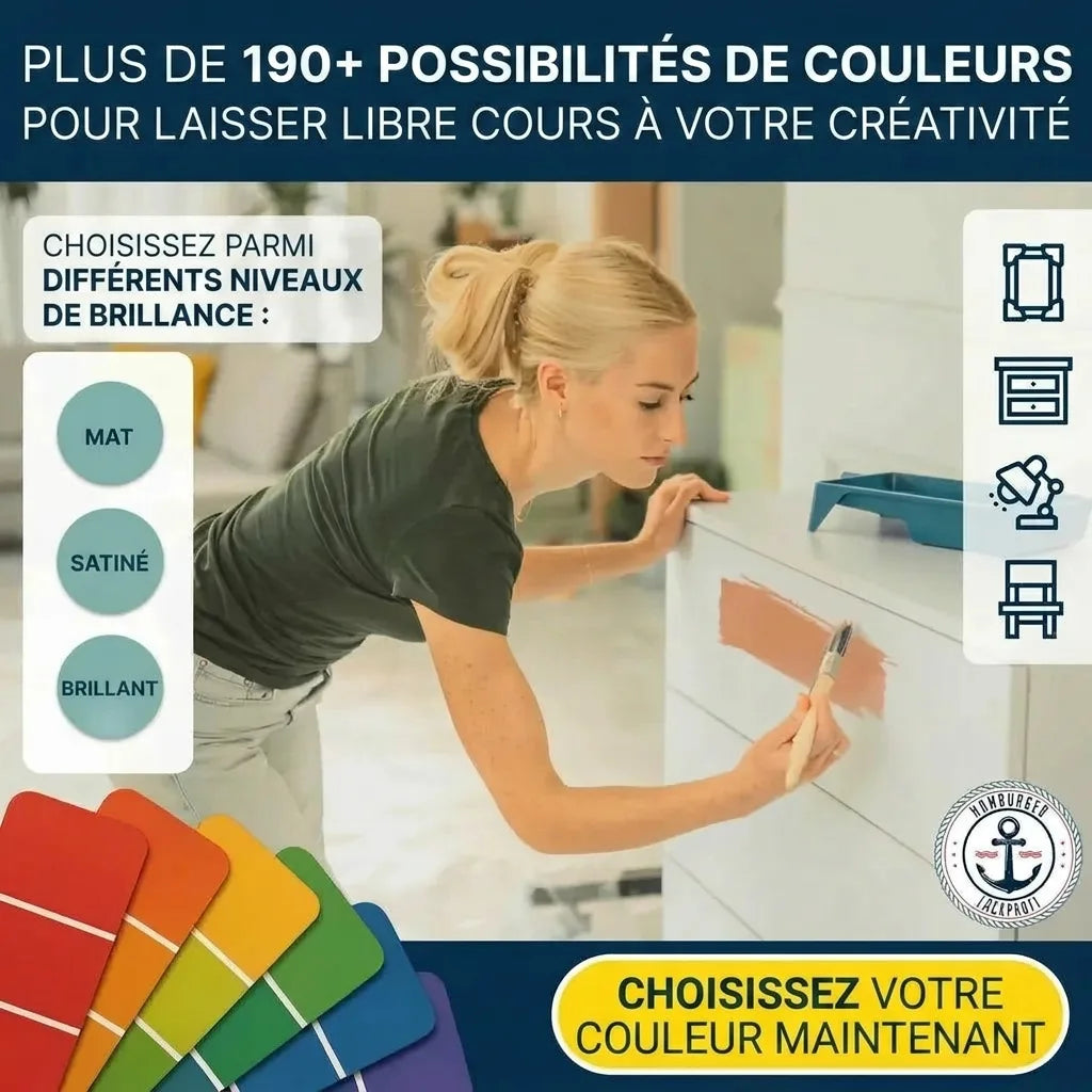 Femme peignant une commode, avec des nuanciers et des options de finition (mat, brillant). Plus de 190 couleurs.