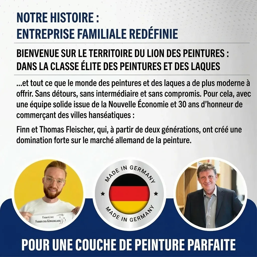 Publicité pour une entreprise de peinture, avec deux hommes souriants et un label 'Made in Germany'.