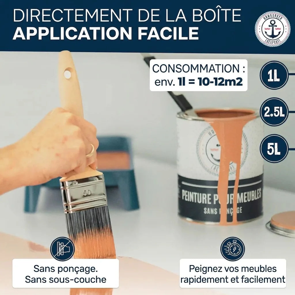 Main avec pinceau dans un pot de peinture meuble. Peinture facile : pas de ponçage/apprêt. Consommation : 1L = 10-12m². Tailles : 1L, 2.5L,