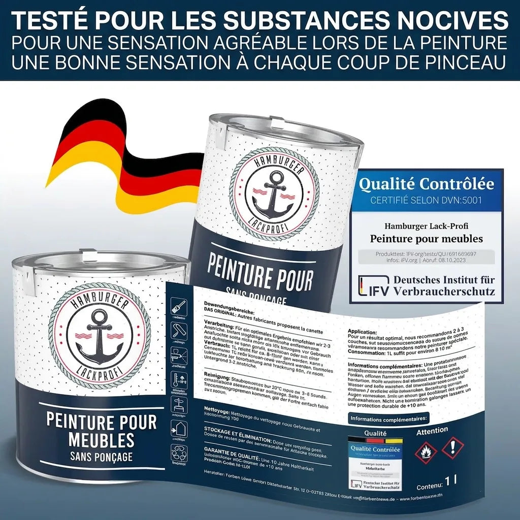 Peinture meubles Hamburger Lack-Profi, testée sans substances nocives, sans ponçage, infos produit et sécurité.