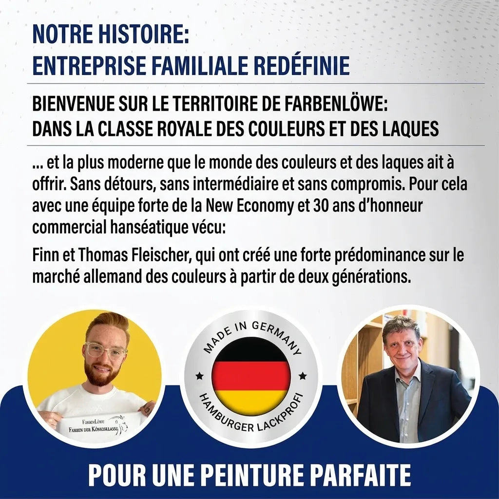 Affiche allemande: histoire d'une entreprise familiale de peintures, ses fondateurs Finn et Thomas, et qualité Made in Germany.