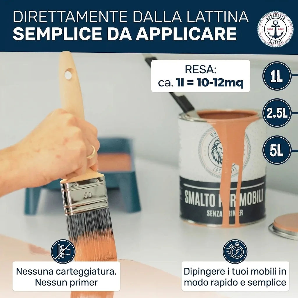 Pittura per mobili senza carteggiatura né primer, facile applicazione diretta dalla latta. Disponibile in vari formati.