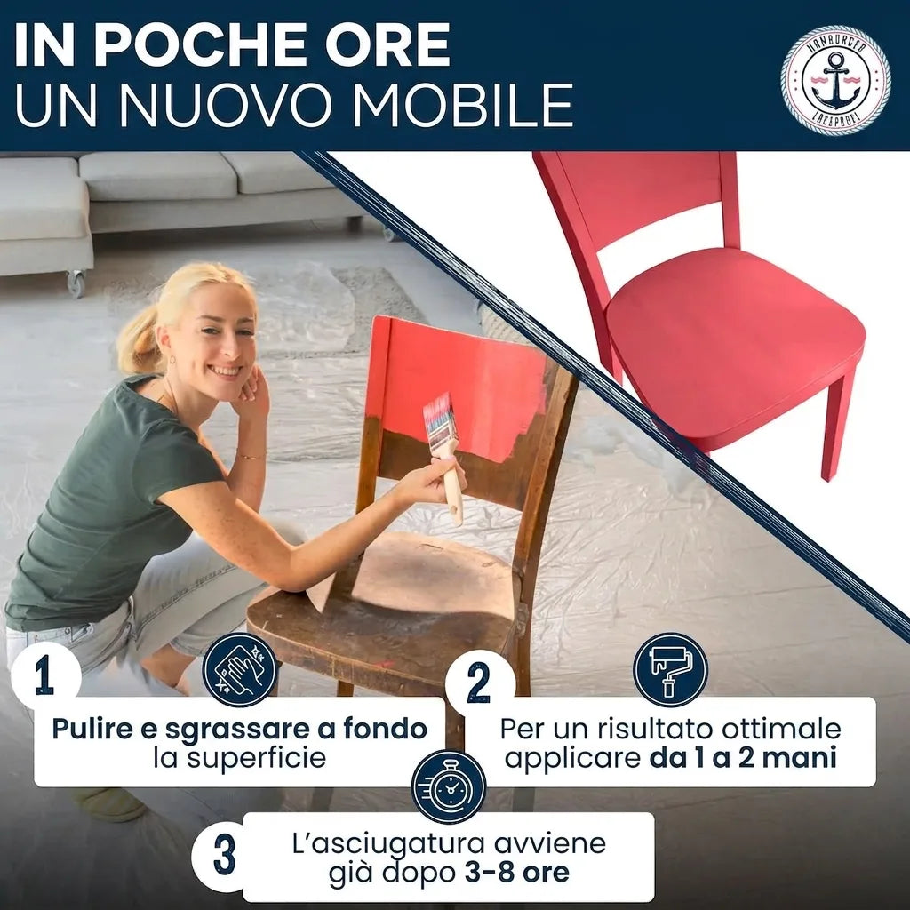 Donna che dipinge una sedia in legno di rosso, mostrando il risultato finale e i passaggi di applicazione.