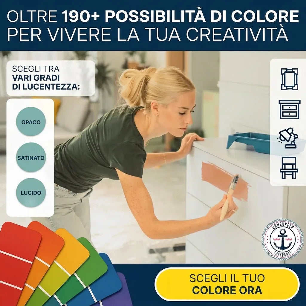 Vernice per mobili: donna dipinge un comò. Oltre 190 colori e finiture, opaco, satinato, lucido.