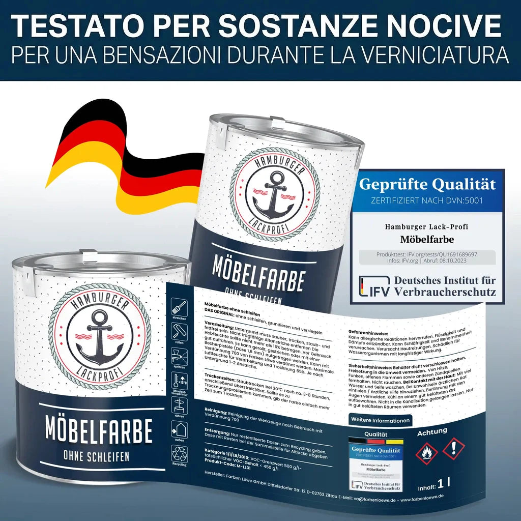 Lattine di vernice "Möbelfarbe" Hamburger Lack-Profi con bandiera tedesca e certificazioni di qualità.