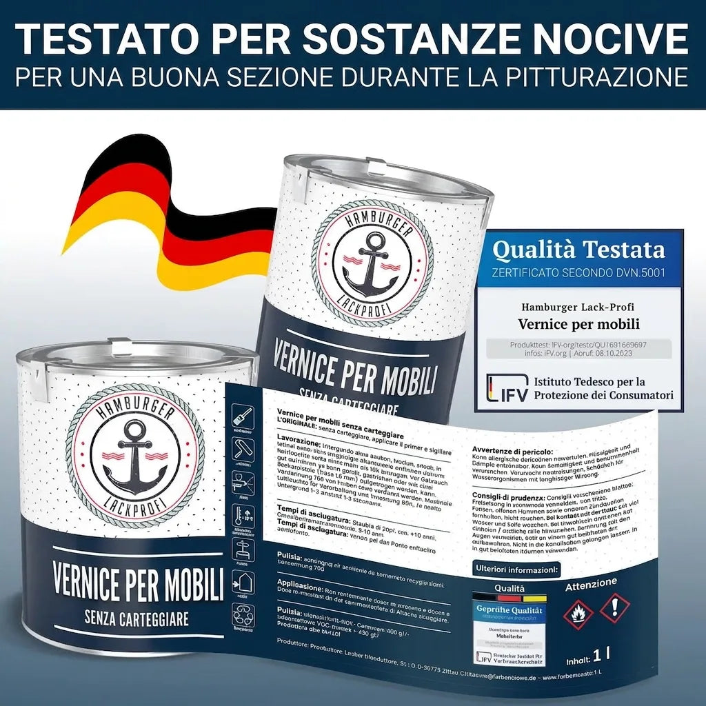 Vernice per mobili senza carteggiatura, testata contro le sostanze nocive con sigillo di qualità tedesco.
