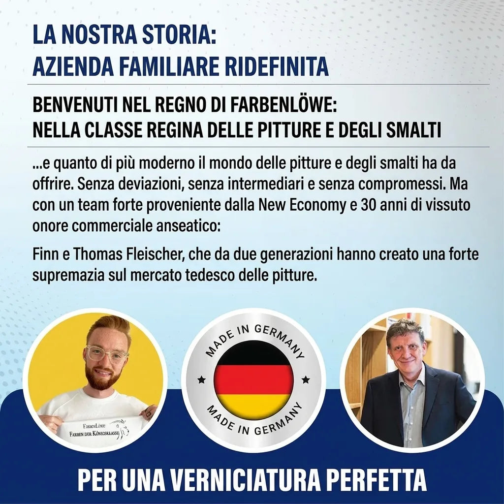 Farbenlöwe: La nostra storia, azienda familiare di vernici ridefinita. Due uomini e il marchio Made in Germany.