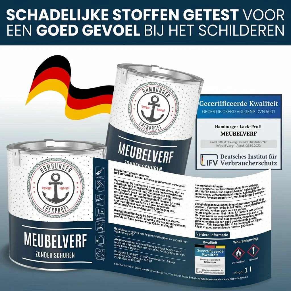 Duitse Hamburger Lack-Profi meubelverf blikken, gecertificeerde kwaliteit, getest op schadelijke stoffen.