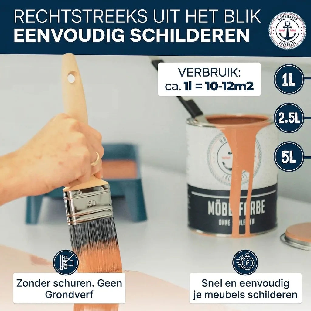 Meubelverf direct te gebruiken. Geen schuren/grondverf. 1L=10-12m2. Snel verven. Maten: 1L, 2.5L, 5L.