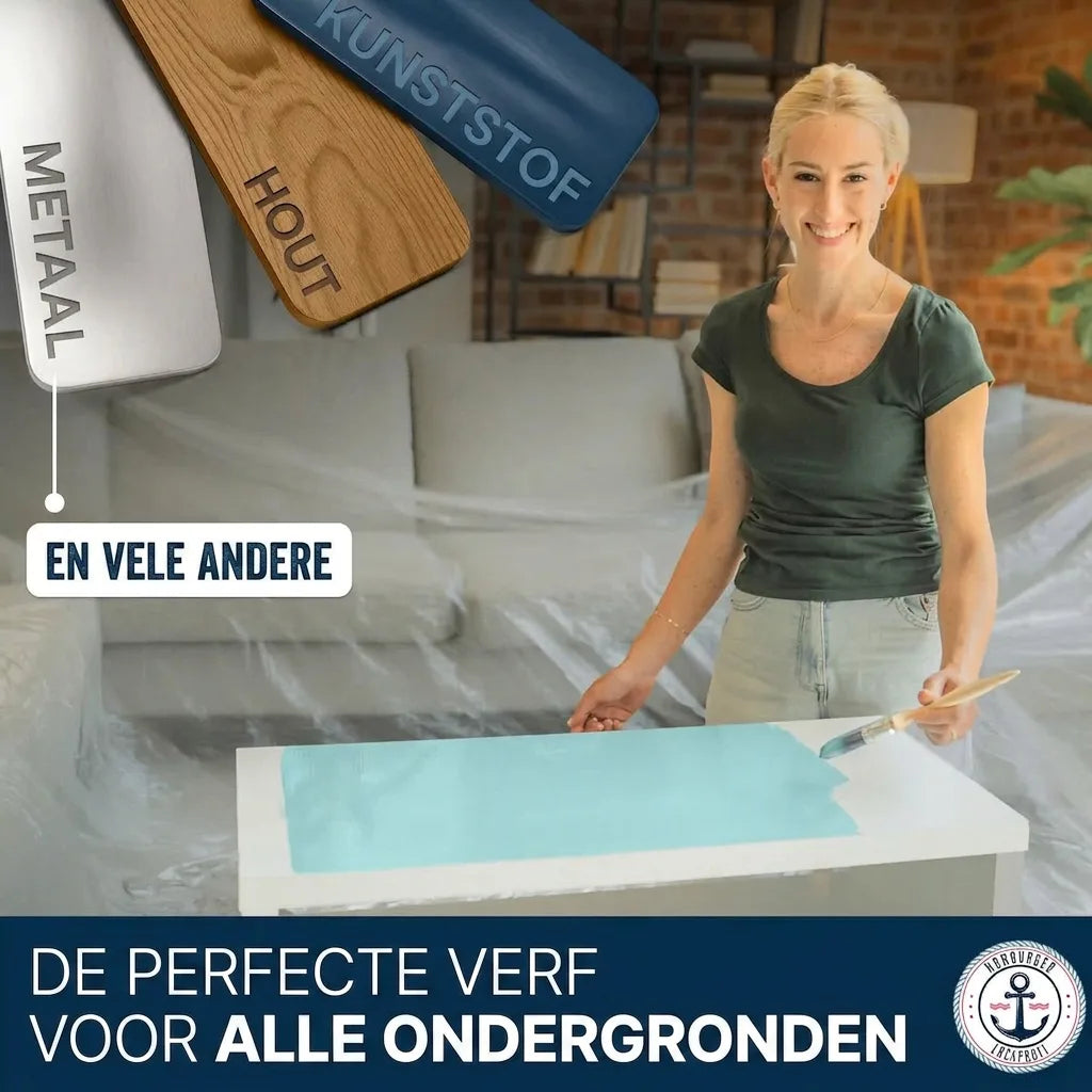 Vrouw schildert tafel met verf die geschikt is voor metaal, hout, kunststof en alle ondergronden.