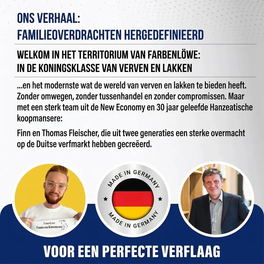 Familiebedrijf dat verf en lak herdefinieert, met foto's van Finn en Thomas Fleischer, en 'Made in Germany'.
