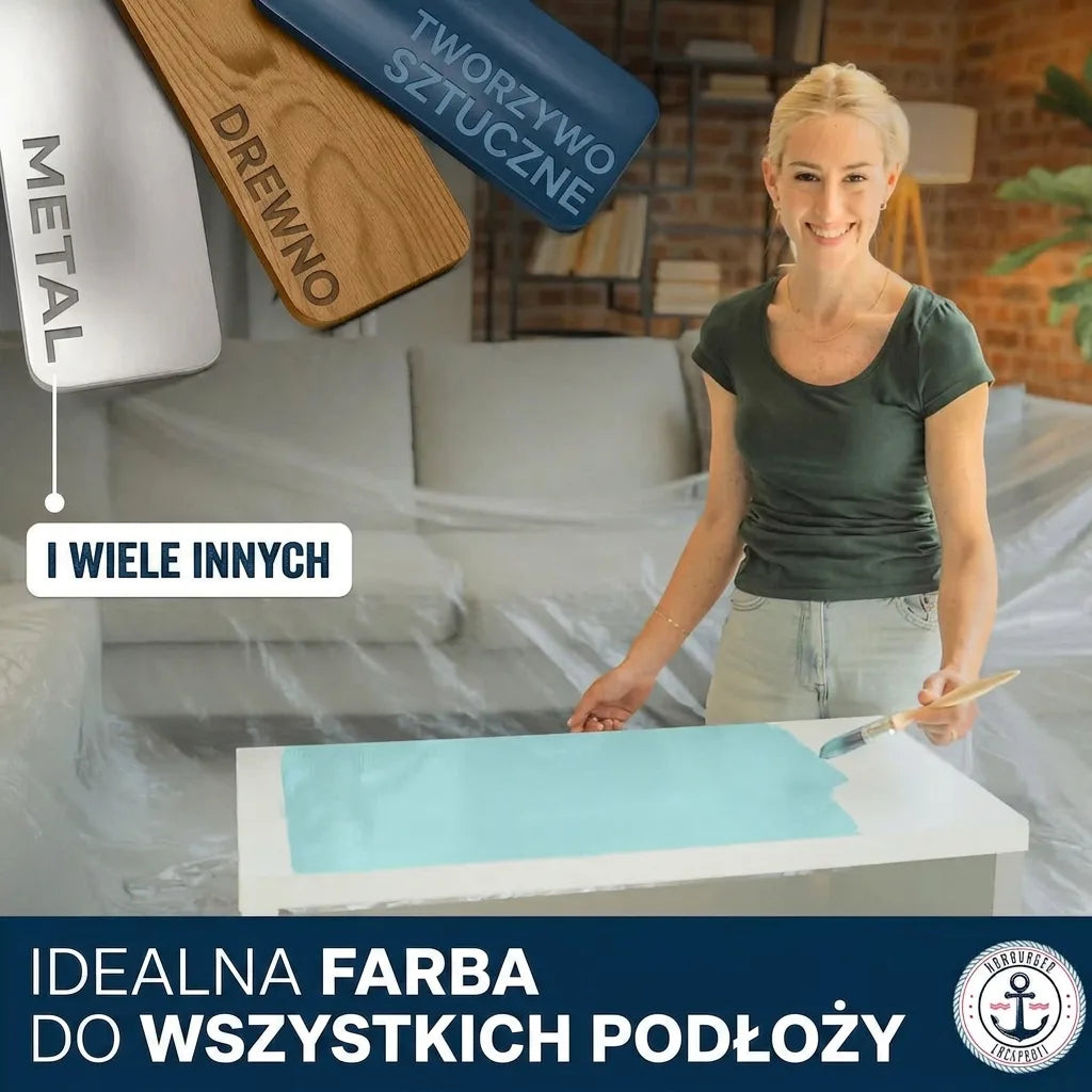 Kobieta maluje stół. Idealna farba do wszystkich powierzchni: metalu, drewna, plastiku. Wiele zastosowań.
