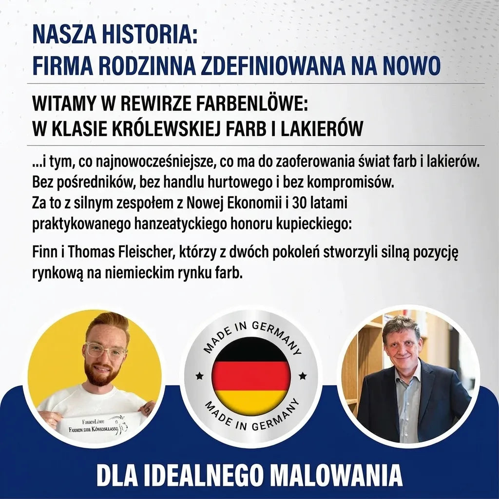 Rodzinna firma Farbenlöwe redefiniuje rynek farb. Dwóch mężczyzn, logo Made in Germany i hasło „Dla perfekcyjnego malowania”.
