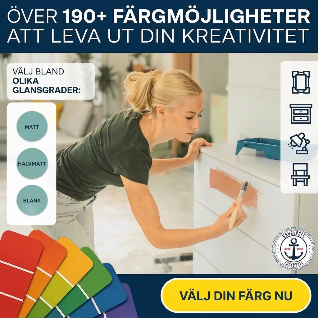Kvinna målar byrå, med 190+ färgalternativ och olika glansnivåer (matt, sidenmatt, glansig). Välj din färg.