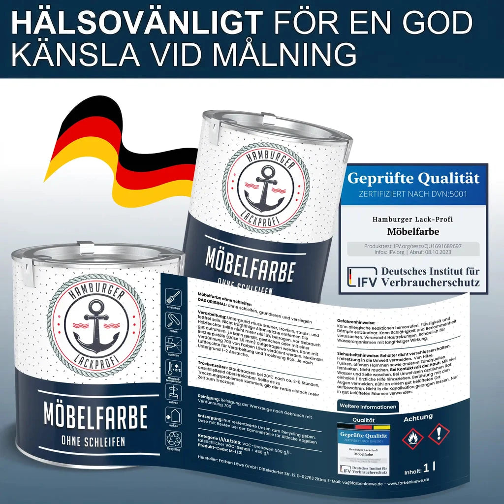 Möbelfärg från "Hamburger Lack-Profi" i burkar med tysk flagga. "MÖBELFARBE OHNE SCHLEIFEN".