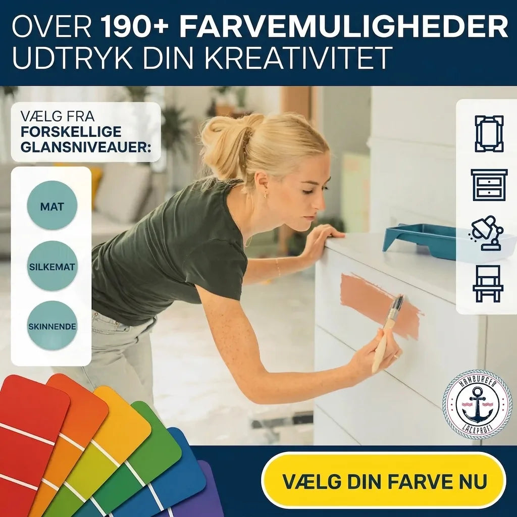 Kvinde maler møbel. Over 190+ farver og glansgrader (mat, silkemat, blank) til at udleve din kreativitet. Vælg din farve nu.