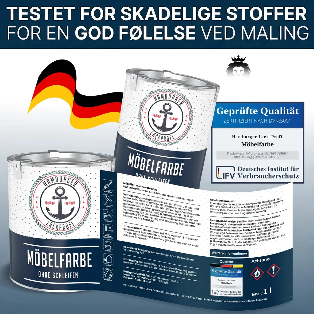 Møbelfarve fra "Hamburger Lack-Profi" i dåser med tysk flag. "TESTET FOR SKADELIGE STOFFER".