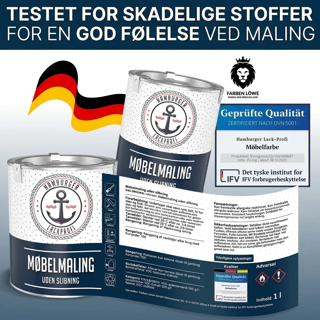 Hamburger Lack-Profi møbelfarve, testet for skadelige stoffer. Maling uden slibning med tysk kvalitetscertificering.