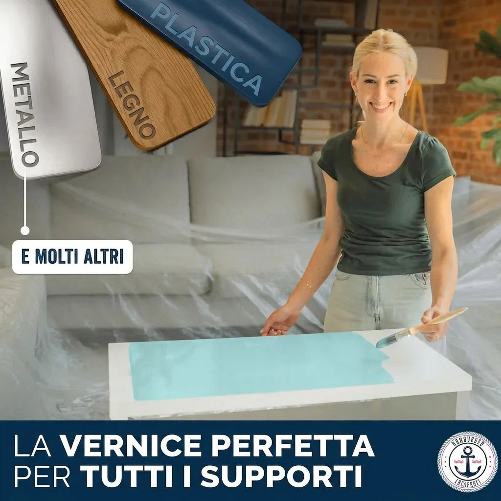 Donna dipinge un tavolo. Campioni di metallo, legno, plastica. Pittura universale per tutte le superfici.