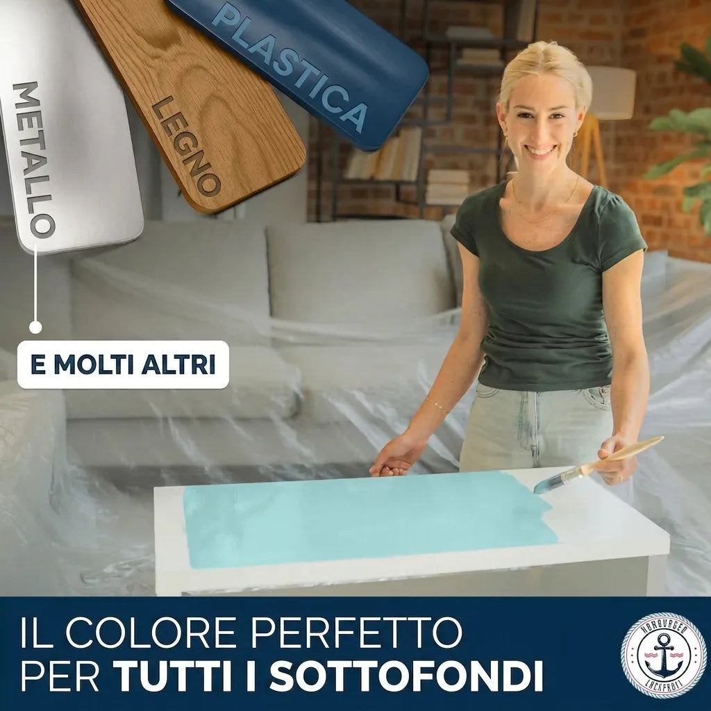 Donna dipinge un tavolo. Campioni di metallo, legno, plastica. Pittura universale per tutte le superfici.
