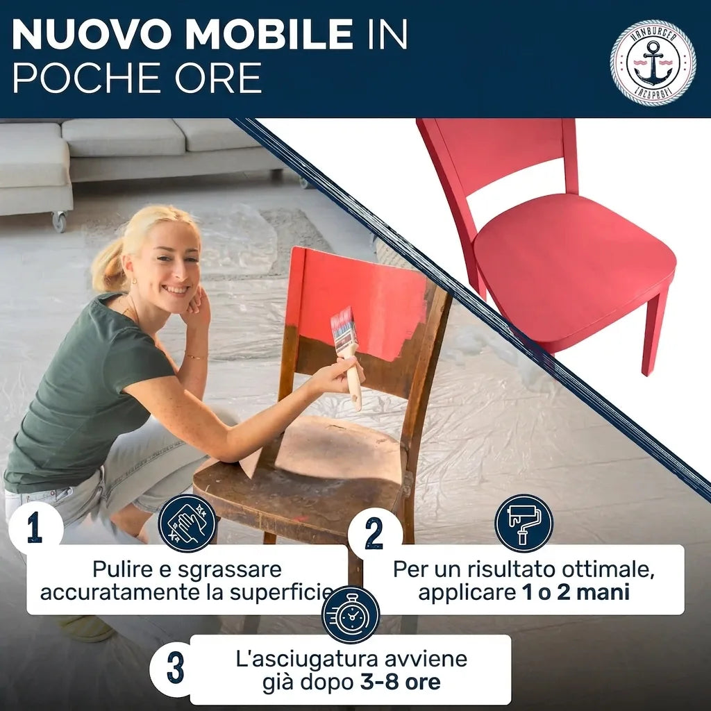 Donna che dipinge una sedia, istruzioni passo-passo per un nuovo mobile in poche ore. Pittura a rapida asciugatura.