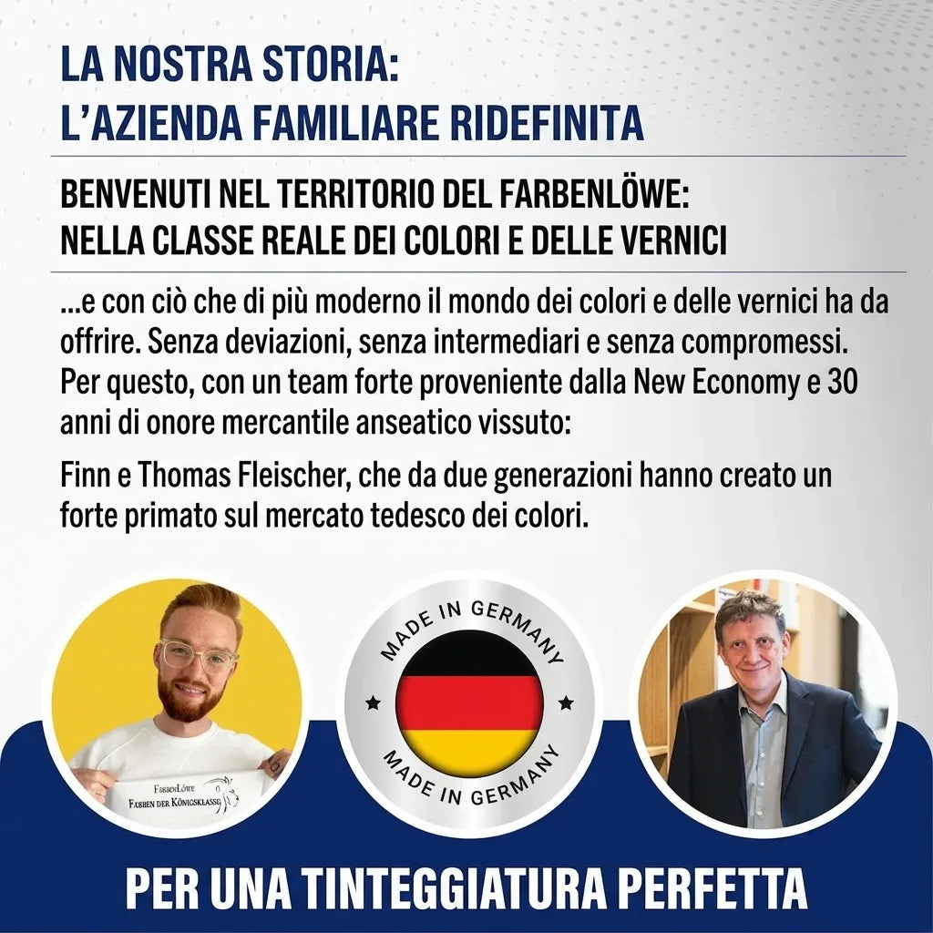 Farbenlöwe: azienda familiare tedesca di vernici. Qualità superiore Made in Germany. Ritratto di Finn e Thomas Fleischer.