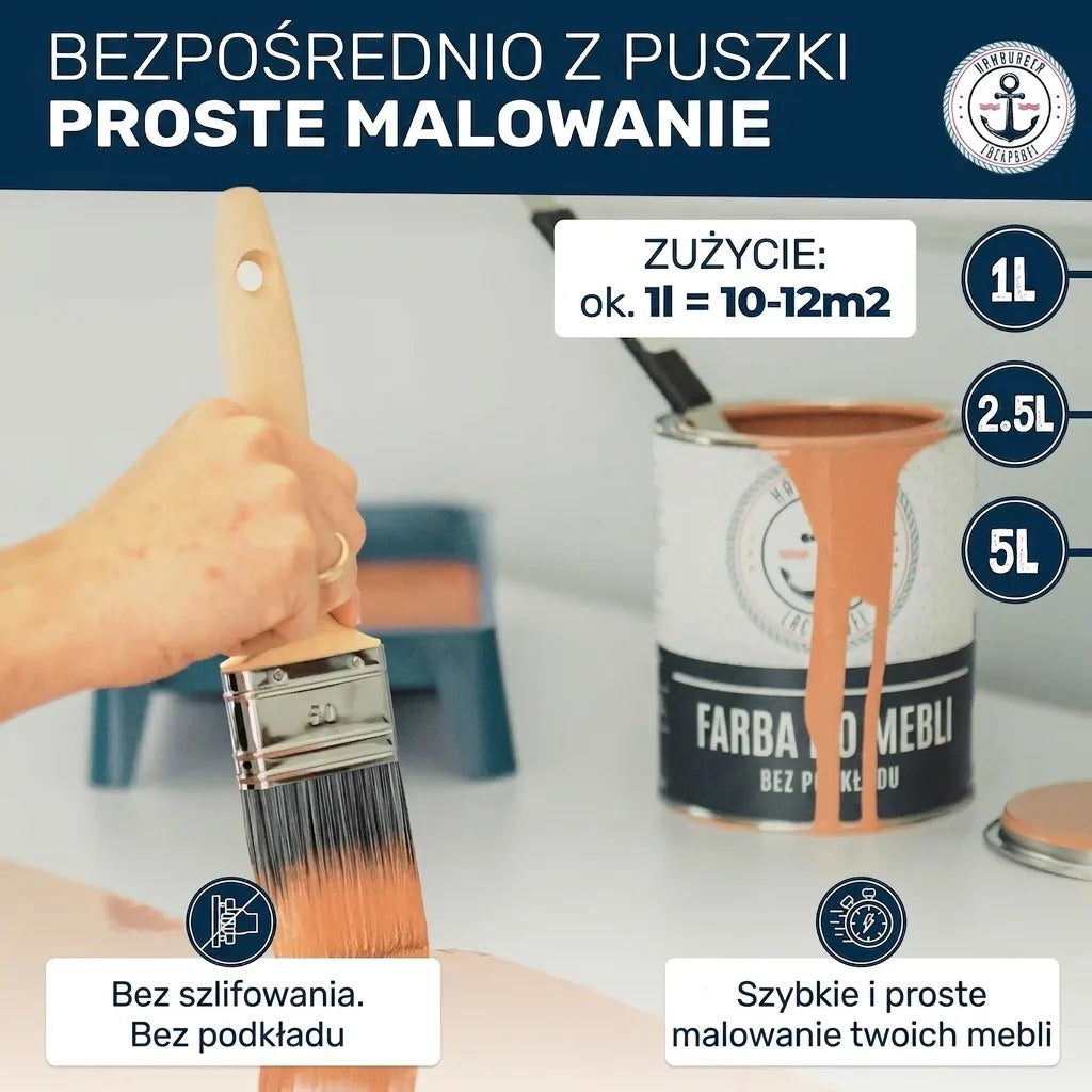 Farba do mebli: aplikacja prosto z puszki, bez szlifowania i gruntowania. Szybko odśwież meble. Wydajność: 1L=10-12m2. Dostępne pojemności: