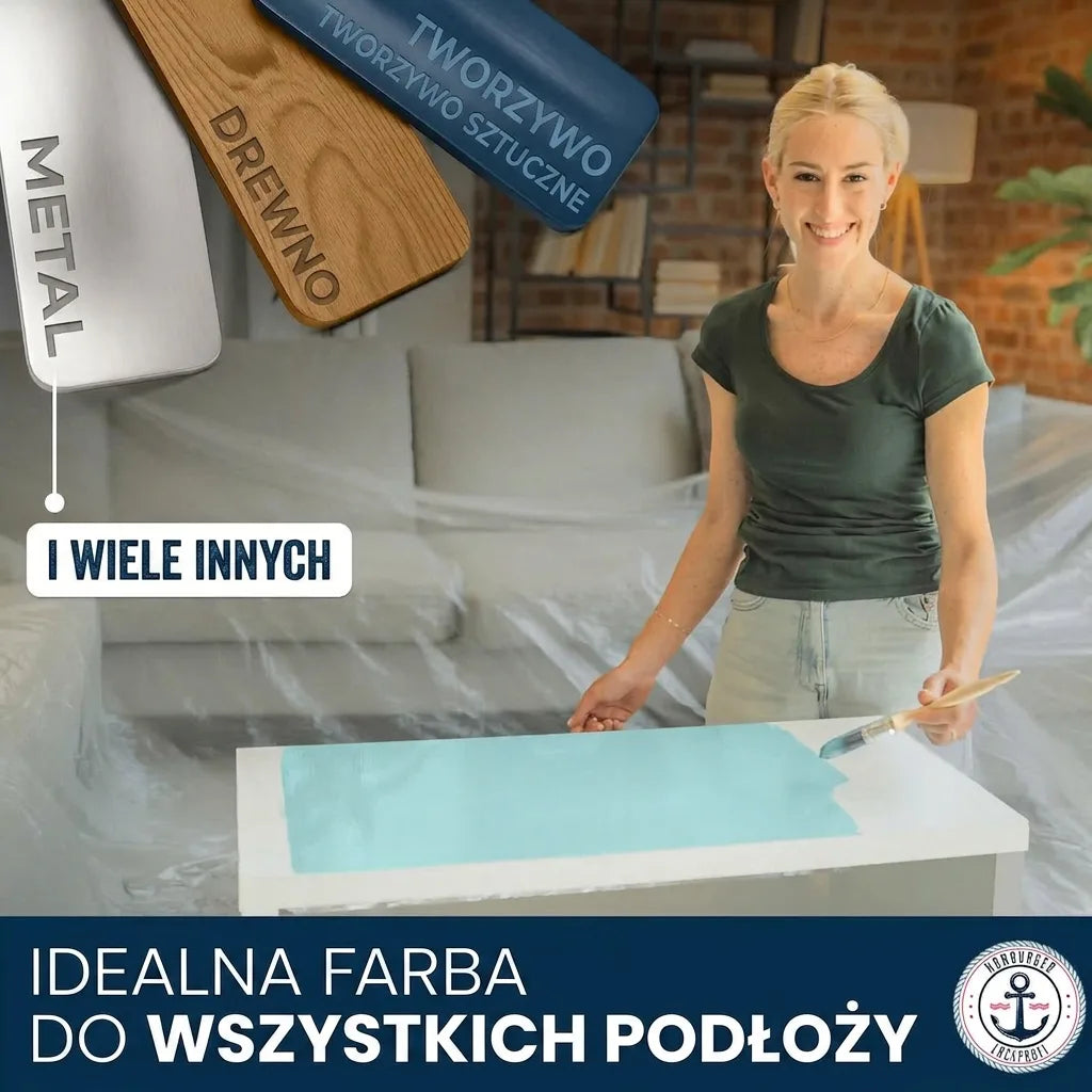 Kobieta maluje stół. Idealna farba do metalu, drewna, plastiku i wielu innych powierzchni.
