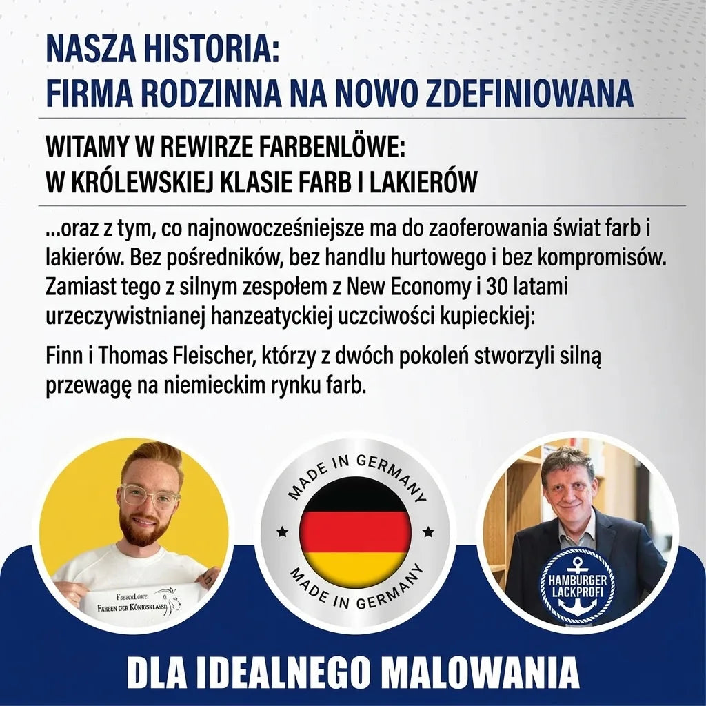 Niemiecka reklama farb Farbenlöwe: historia rodzinnej firmy, jakość premium, 'Made in Germany'. Widoczny tekst marketingowy.