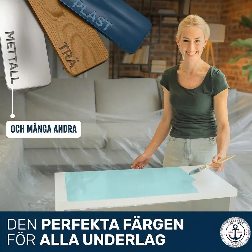 Kvinna målar. Färgprover för metall, trä, plast och fler. Den perfekta färgen för alla underlag.