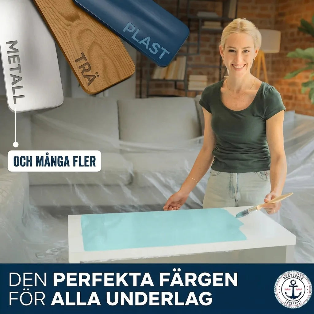 Kvinna målar. Färgprover för metall, trä, plast och fler. Den perfekta färgen för alla underlag.