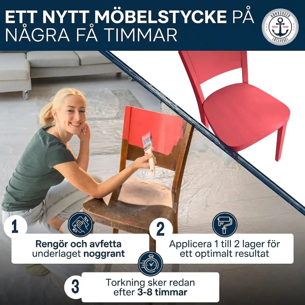 Kvinna målar stol. Instruktioner: Rengör, applicera 1-2 lager, torkar på 3-8 timmar. Förvandla möbel på timmar.