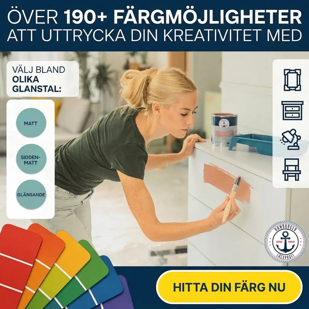 Kvinna målar möbler, över 190 färgalternativ och glansgrader att välja mellan. Välj din färg nu.