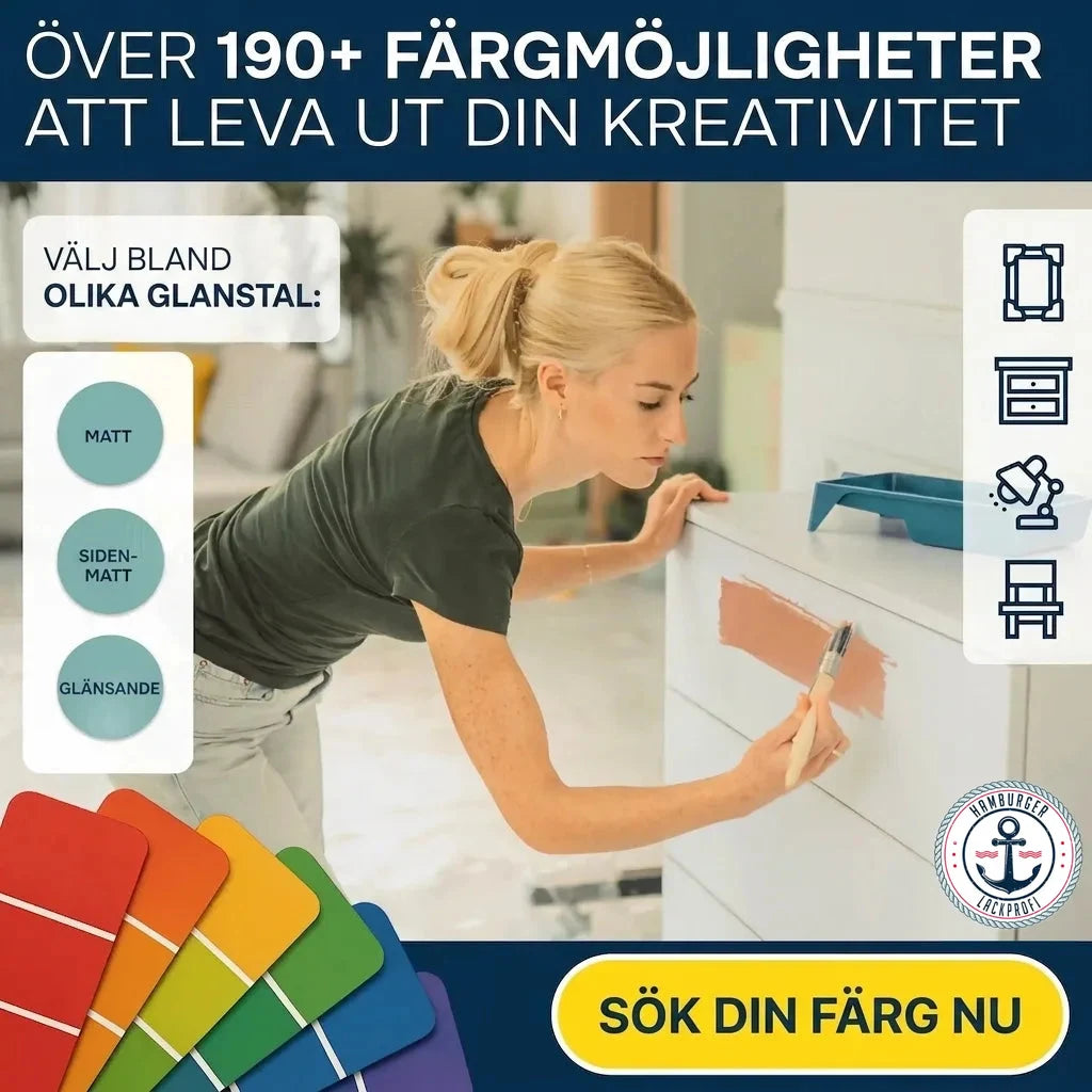 Kvinna målar möbler, över 190 färgalternativ och glansgrader att välja mellan. Välj din färg nu.