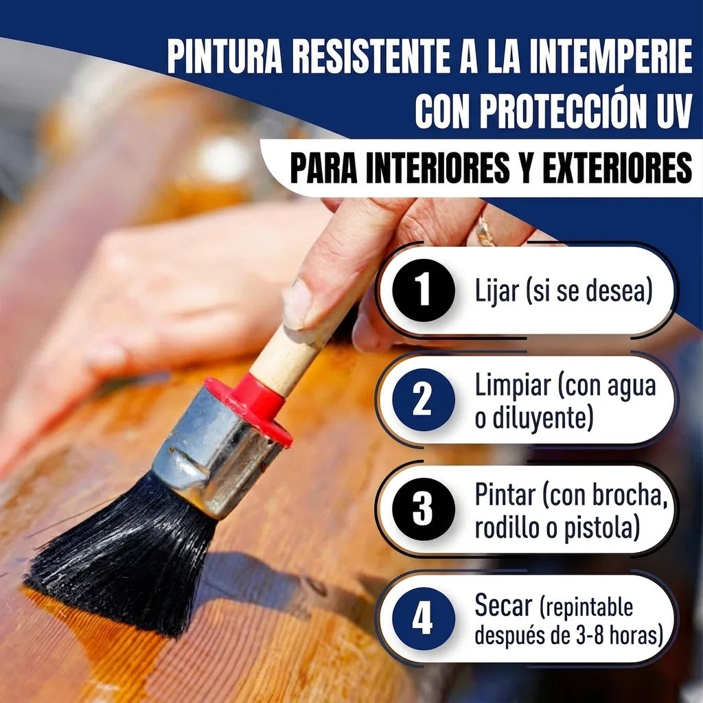 Mano aplicando pintura protectora UV para interior/exterior sobre madera; pasos de uso.