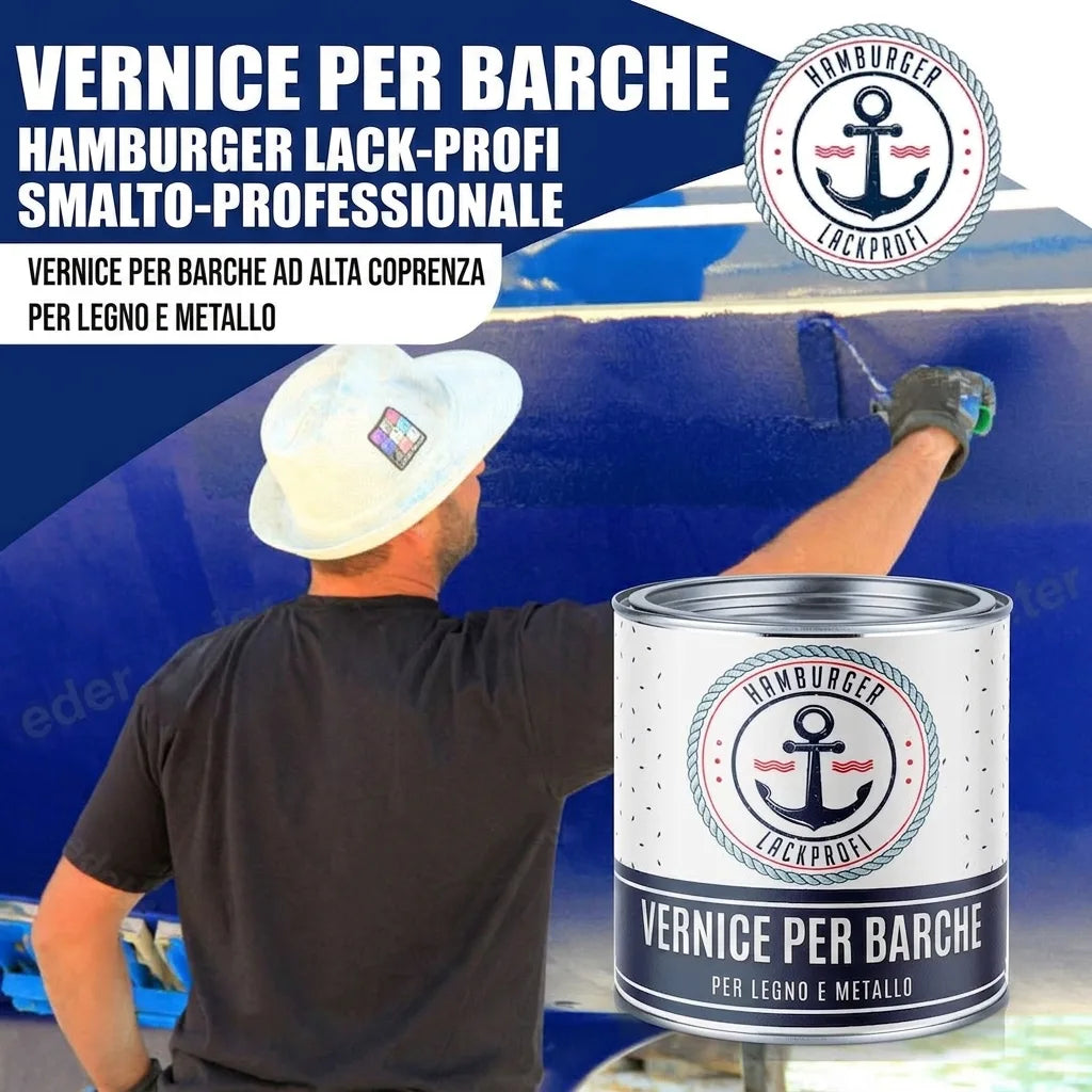 Uomo vernicia una barca di blu con vernice per barche Hamburger Lack-Profi, ad alta copertura per legno e metallo.