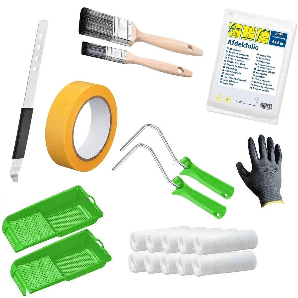 Complete schilderset met verfkwasten, afdekfolie, afplaktape, rollers, verfbakken, plamuurmes, handschoenen