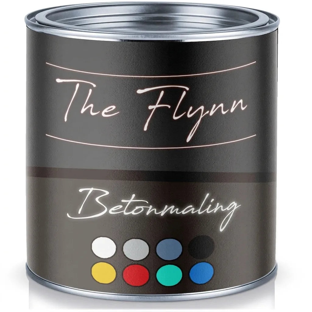Malingdåse med sort etiket, teksten 'The Flynn Betonfarbe' og farveprøver for betonmaling i forskellige nuancer.