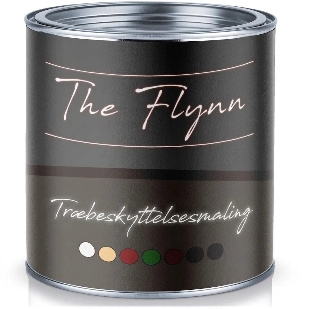 The Flynn træbeskyttelsesmaling dåse med farveprøver. Hvid, beige, rød, grøn, brun, sort.