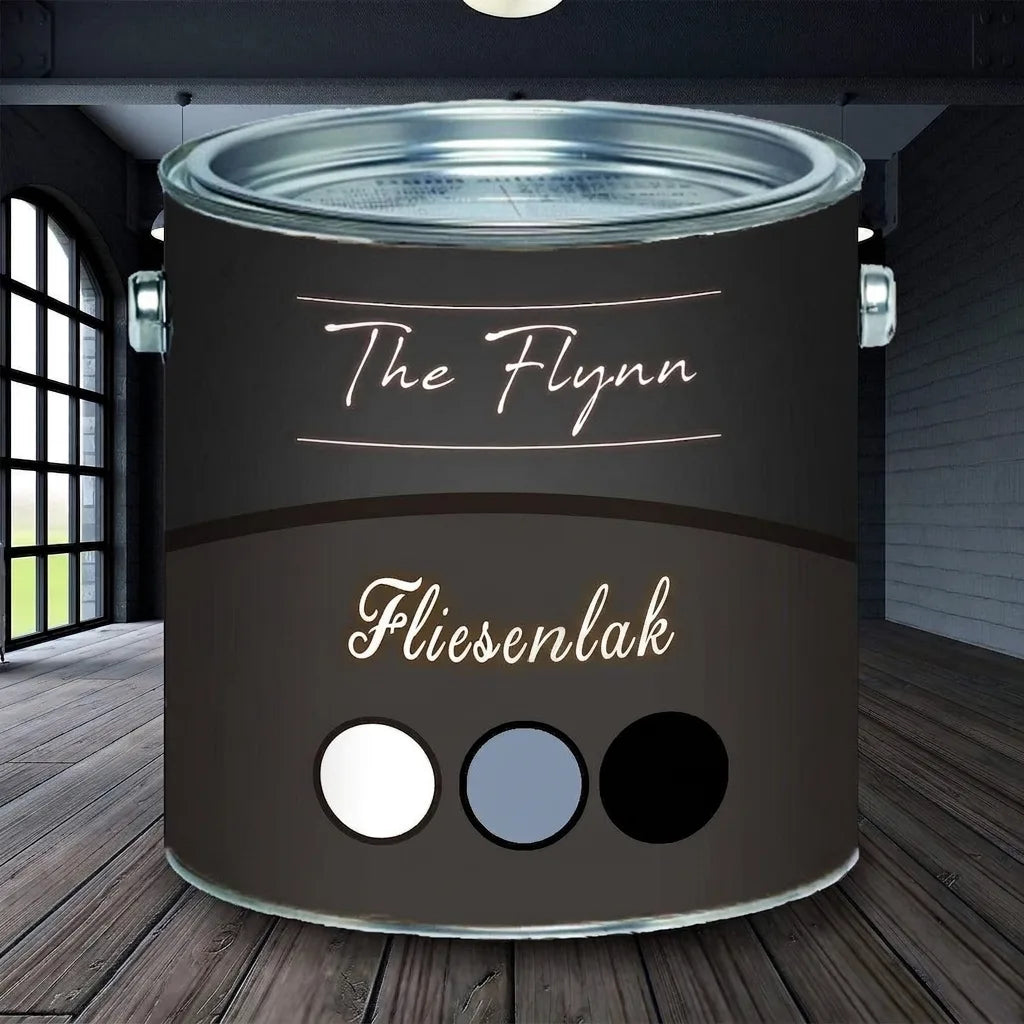 The Flynn fliselak malingspande med farveprøver i hvid, gråblå og sort.