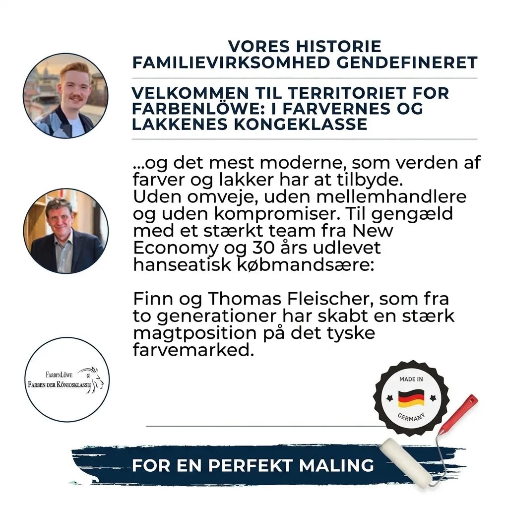 FarbenLöwe familiehistorie præsenterer Finn og Thomas Fleischer, premium tysk maling og lak.