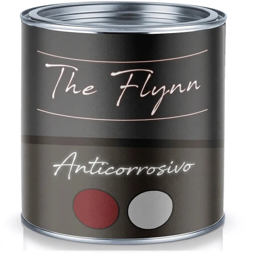 Lata de pintura The Flynn Rostschutz (protección contra el óxido) con muestras de color rojo y gris.