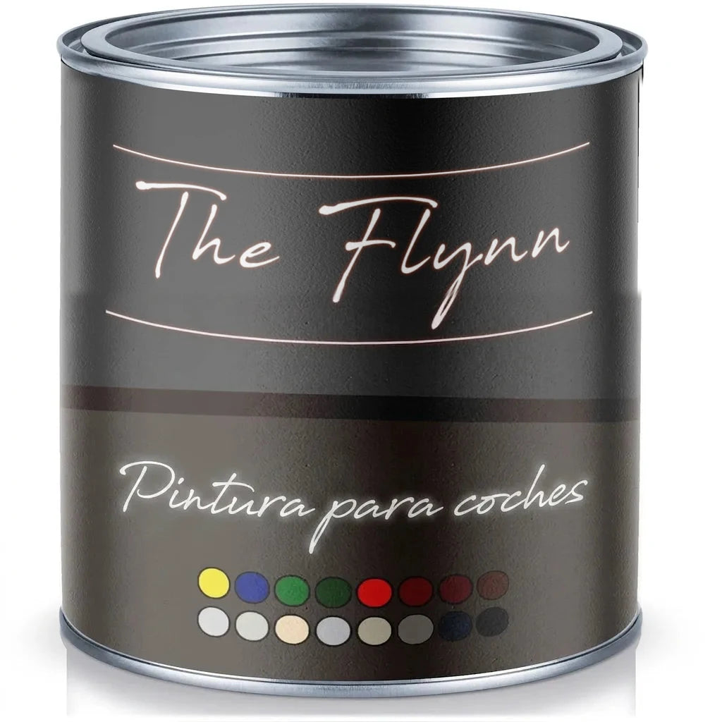 Bote de pintura para coche 'The Flynn Autolack' con paleta de colores en su etiqueta.