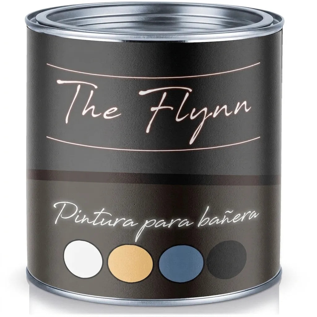 Bote de pintura The Flynn para bañeras, lacado oscuro con muestras de color: blanco, crema, azul y negro.