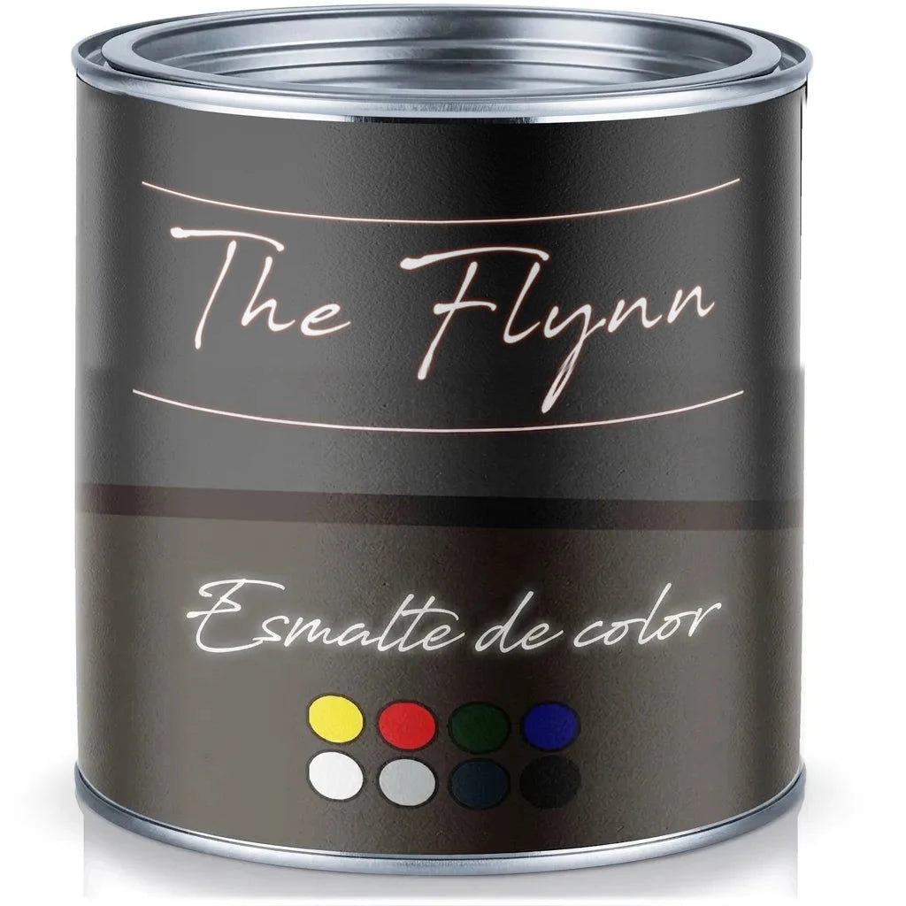 Lata de pintura The Flynn Buntlack sobre fondo blanco, mostrando la etiqueta oscura con muestras de colores.