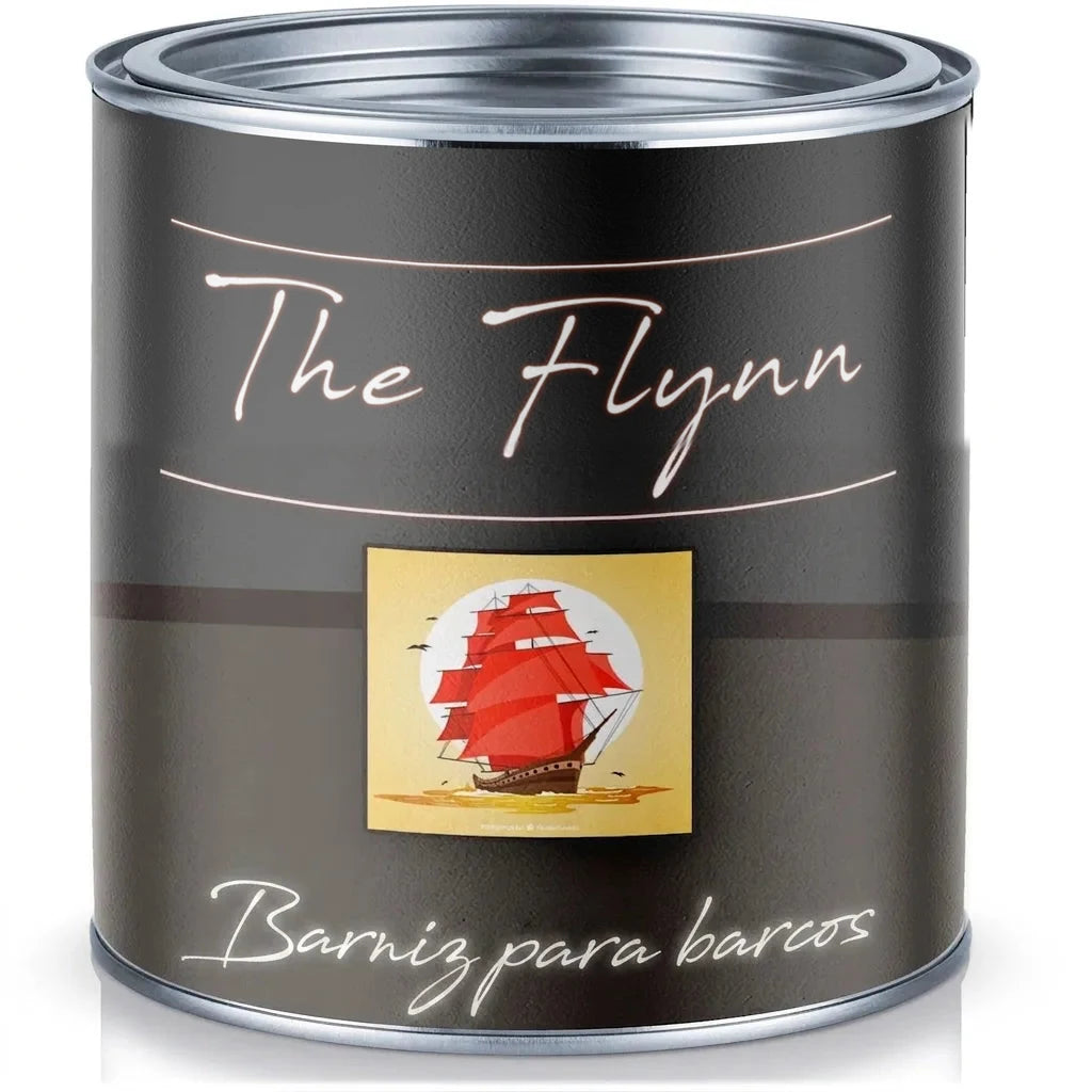 Lata de pintura negra con etiqueta The Flynn y Bootslack (barniz para barcos), mostrando un velero de velas rojas.