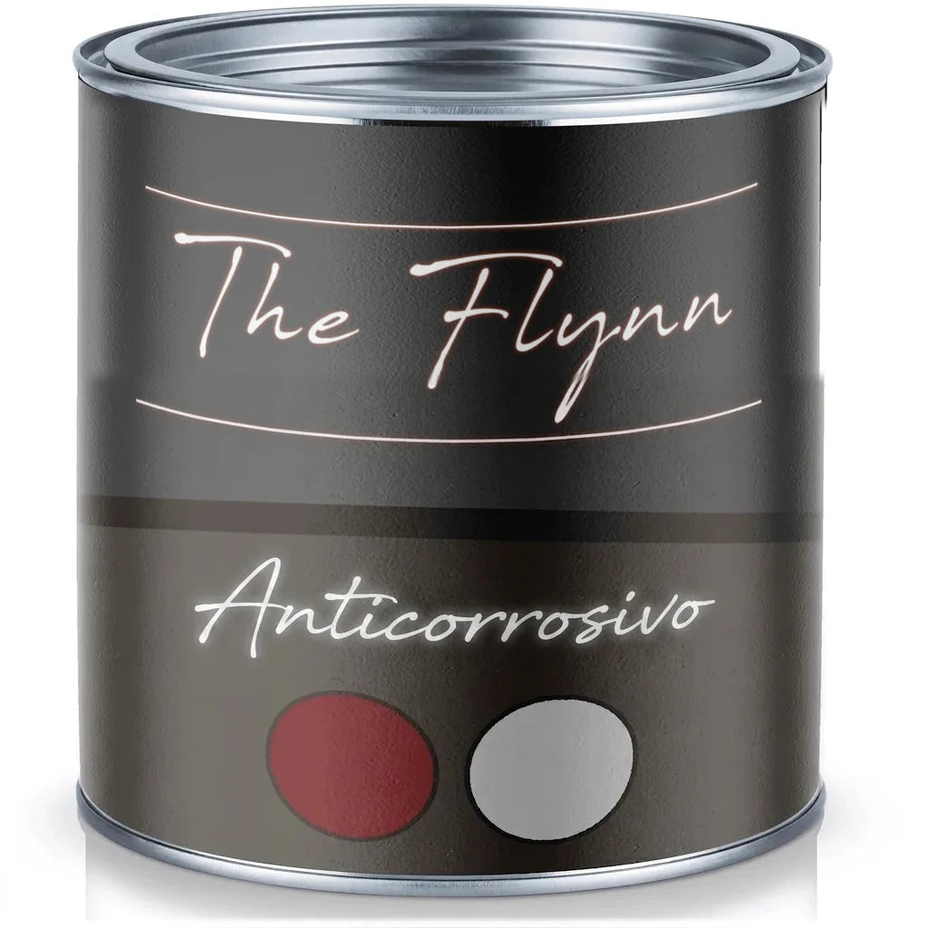 Lata de pintura The Flynn Rostschutz (protección contra el óxido) con muestras de color rojo y gris.