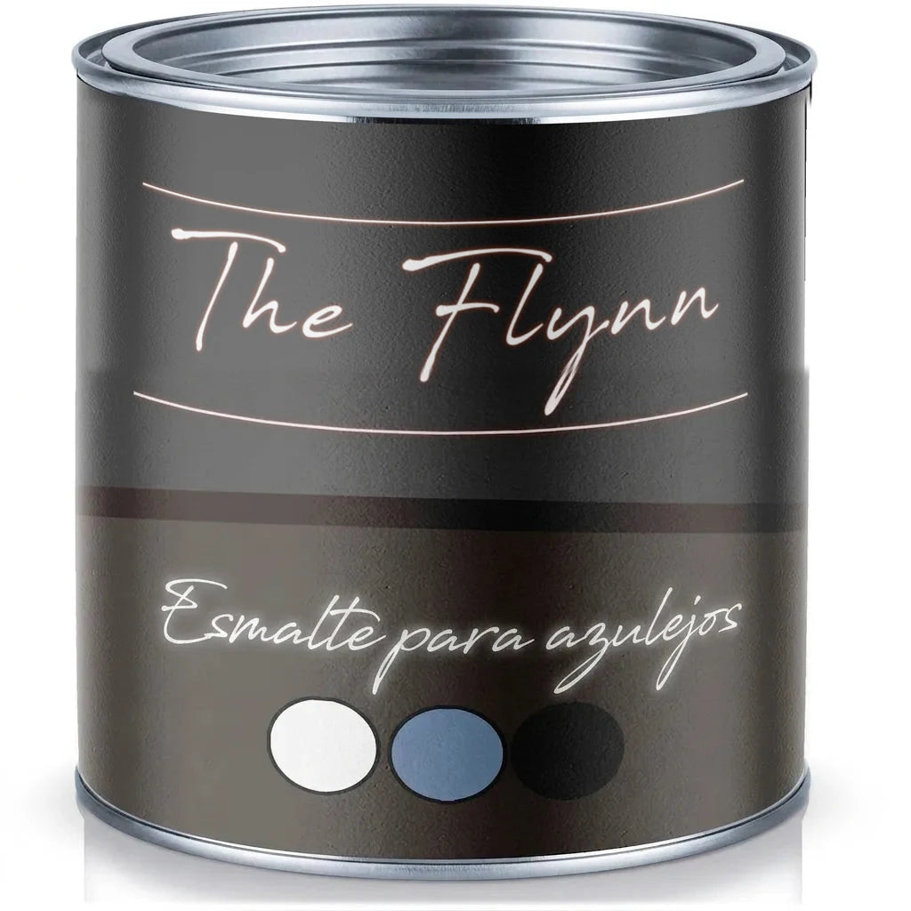 Lata de pintura The Flynn para azulejos con muestras de color blanco, azul y negro.